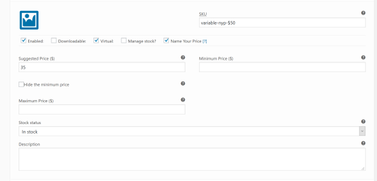 Product Variation metabox showing Name Your Price inputs such as Name Your Price checkbox and Suggested, Minimum, Maximum Price inputs..