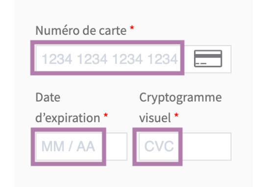 Screenshot indicating the placeholder text seen in a Stripe credit card form