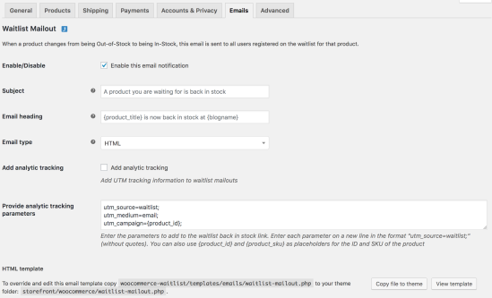 Email options for the waitlist plugin on the email settings screen