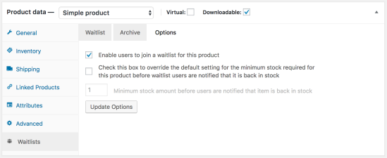 Example of the waitlist options tab on the product edit screen