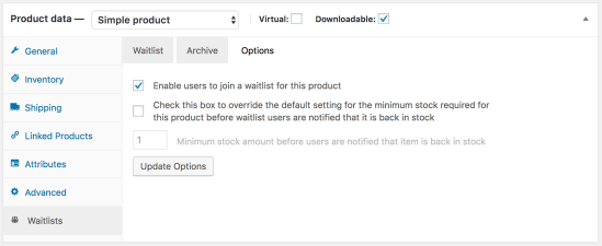 Example of the waitlist options tab on the product edit screen