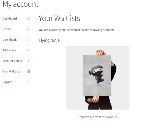 waitlist tab shown on the WooCommerce my account page