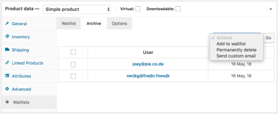 Example of the waitlist archive tab showing the available options