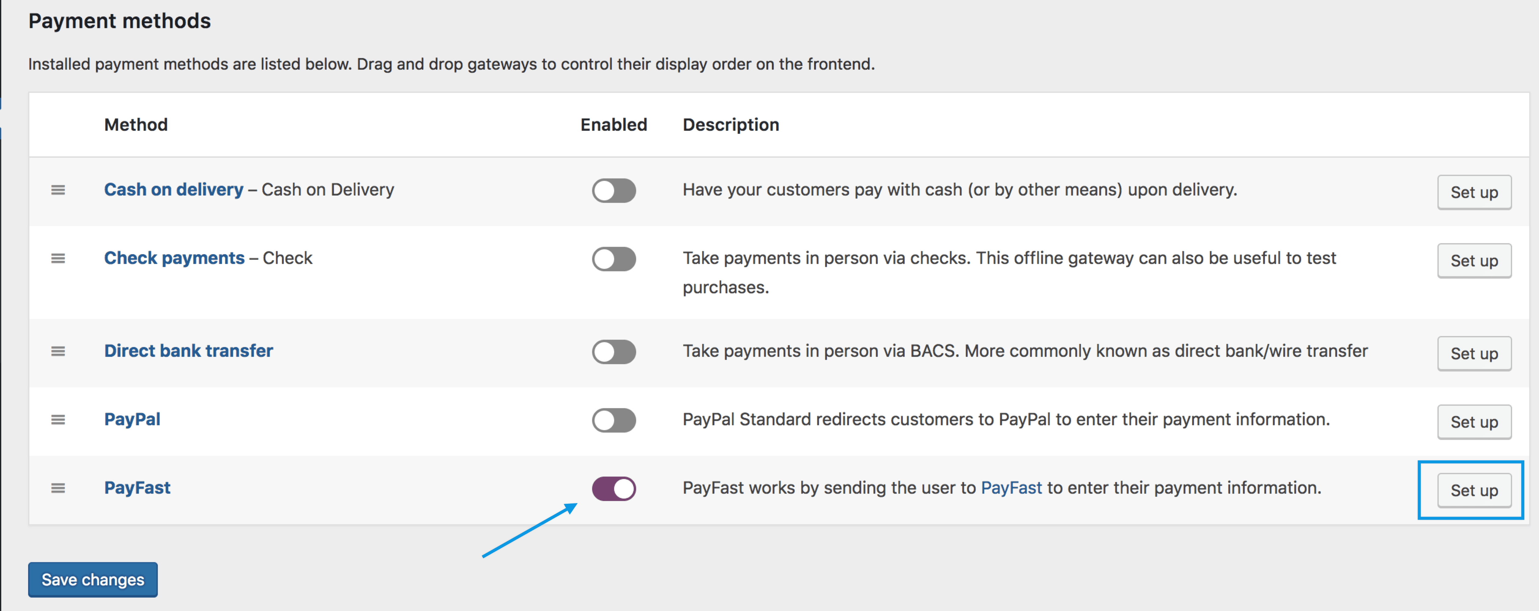 Screenshot of PayFast as an options on the WooCommerce > Settings > Payments screen in the site's admin area
