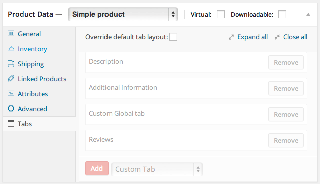 WooCommerce Tab manager default tabs