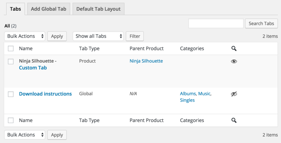 WooCommerce Tab Manager - Tab List