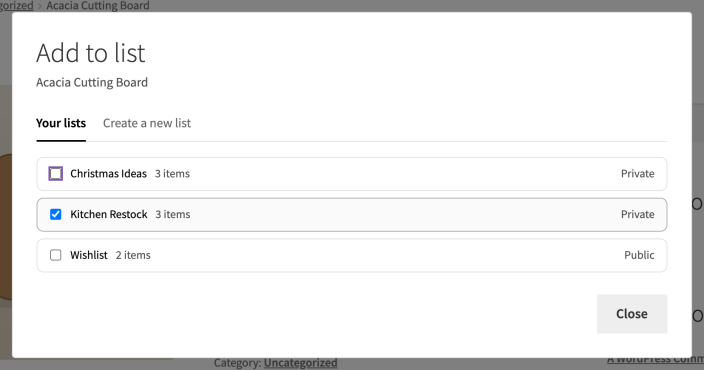 The Add to Wishlist list picker, showing three lists with item counts