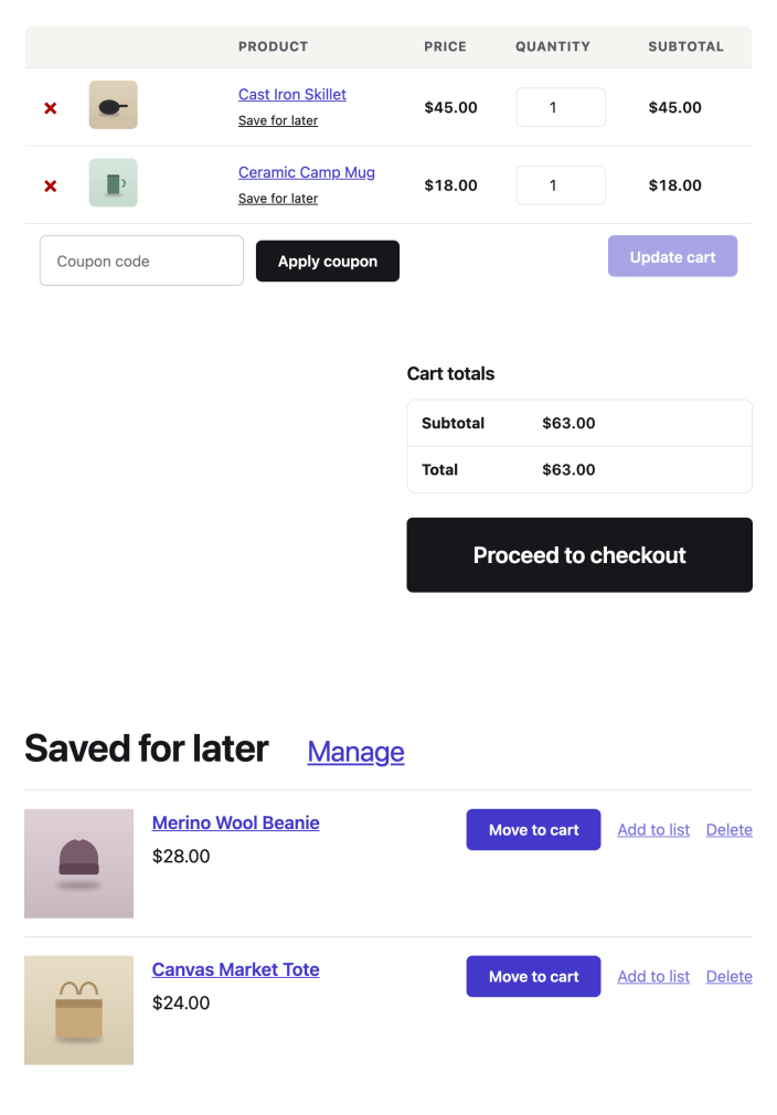 The classic cart page with a Saved for later section below the cart totals