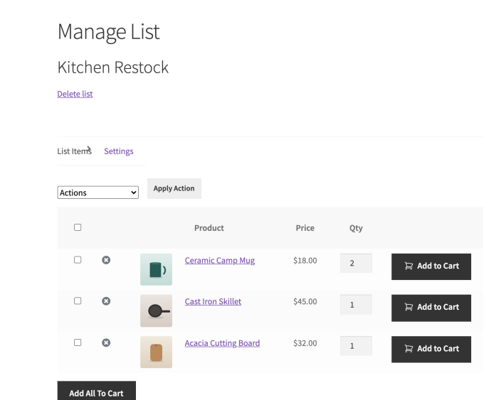 The Manage List screen showing saved items, quantities and per-item Add to Cart