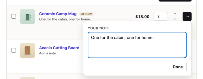 Typing a note against an item in the Manage List screen
