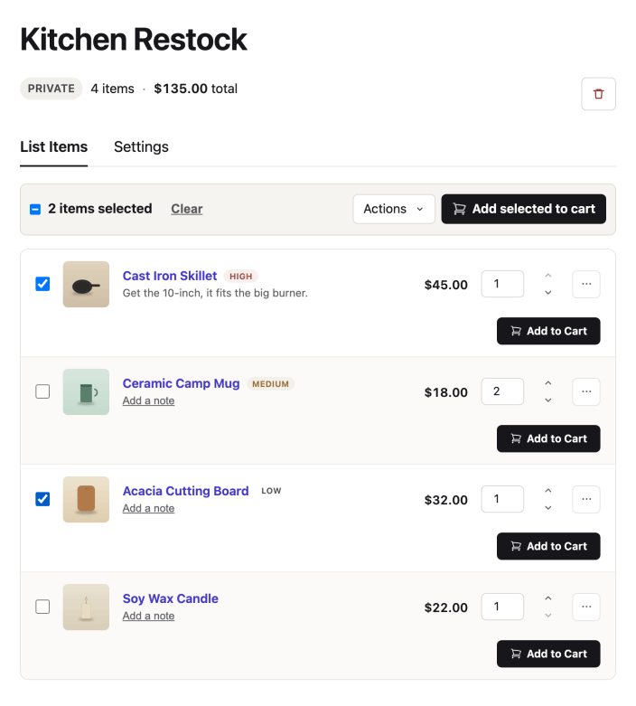 Two items ticked on the Manage List screen, with the selection bar showing 2 items selected