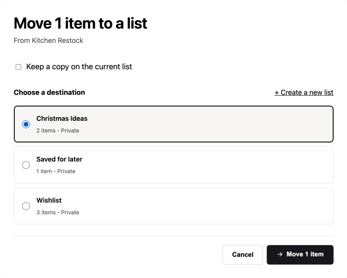 The Move dialog, with a destination list chosen and a Move button