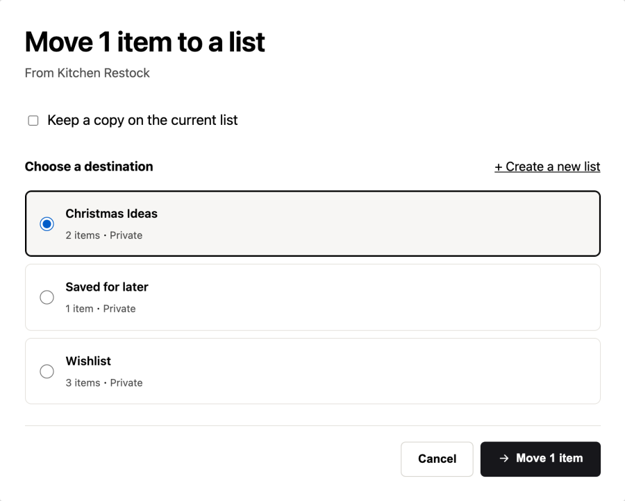 The Move dialog with three destination lists, one chosen, a Keep a copy option and a Move button