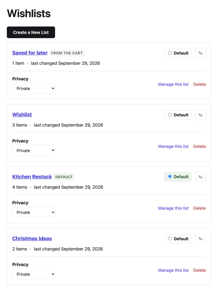 The My Lists page, with a card for each list showing its item count, when it last changed, its privacy and a Default choice