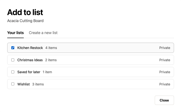 The Add to list picker, with Your lists and Create a new list tabs and three lists ticked or unticked