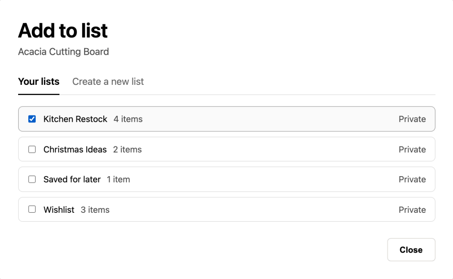 The Add to list dialog with Your lists and Create a new list tabs, four named lists with item counts and privacy labels, one ticked