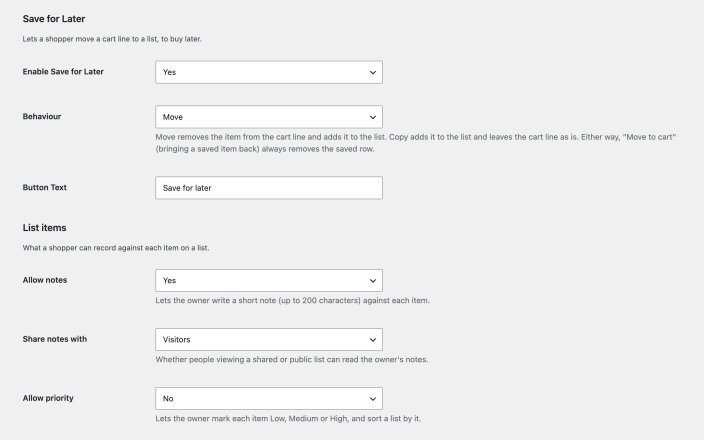 The Save for Later and List Items sections of the Wishlists settings