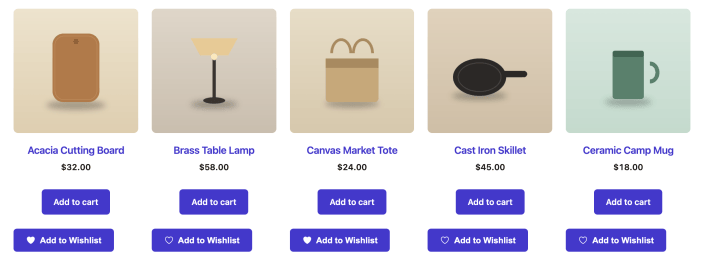 Add to Wishlist buttons below Add to cart in a shop grid, two of the five products already saved