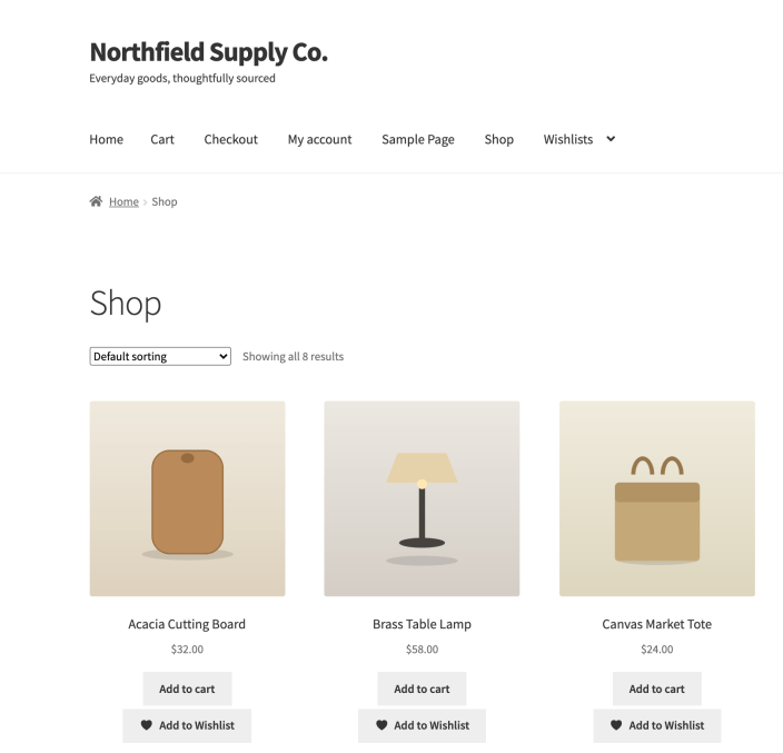 Add to Wishlist buttons in a WooCommerce shop grid