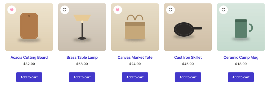 The same shop grid with icon-only heart badges on the product photos, two products saved