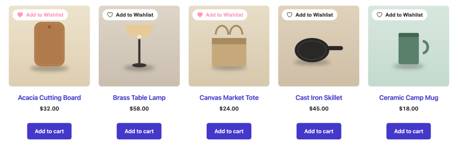 A shop grid with a labelled Add to Wishlist pill on the corner of each product photo, two products saved