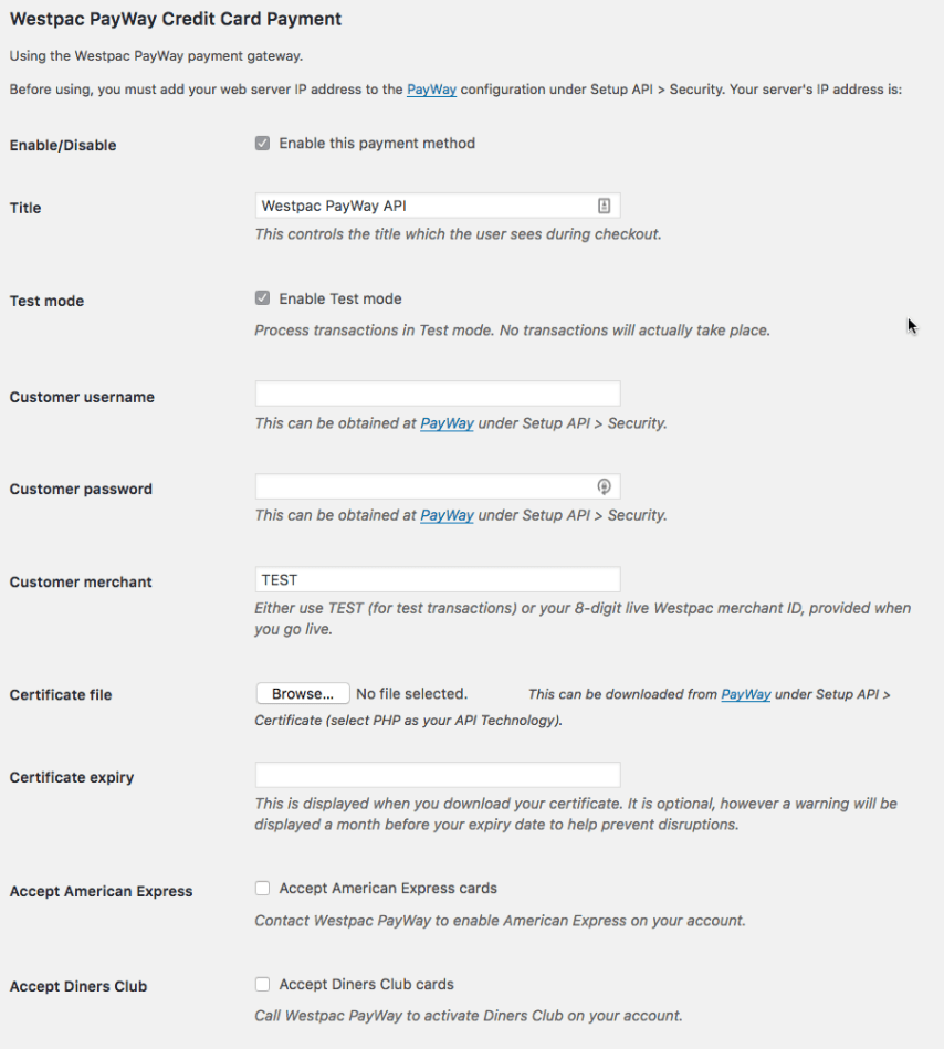 Westpac PayWay gateway settings in WooCommerce