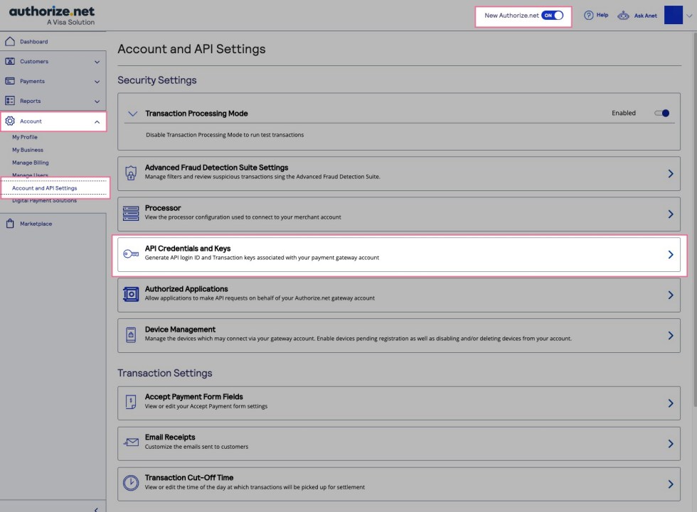 After logging into your Authorize.Net account, go to Accounts > Account and API Settings.