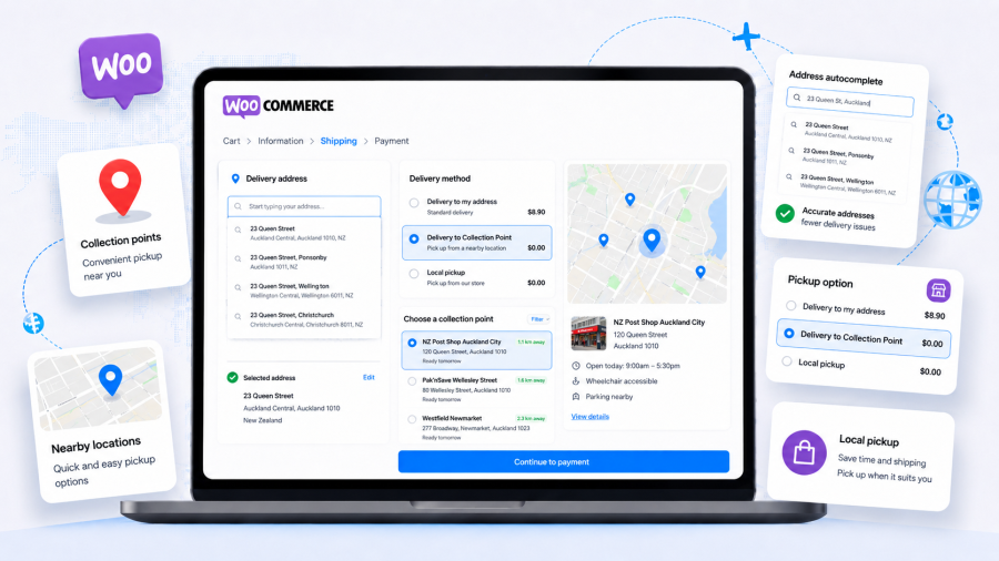 WooCommerce checkout showing NZ Post address autocomplete, nearby collection points, and customer pickup options.