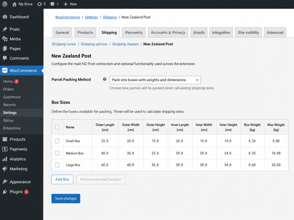 New Zealand Post box packing settings showing box dimensions, weights, and maximum packed weights in WooCommerce.