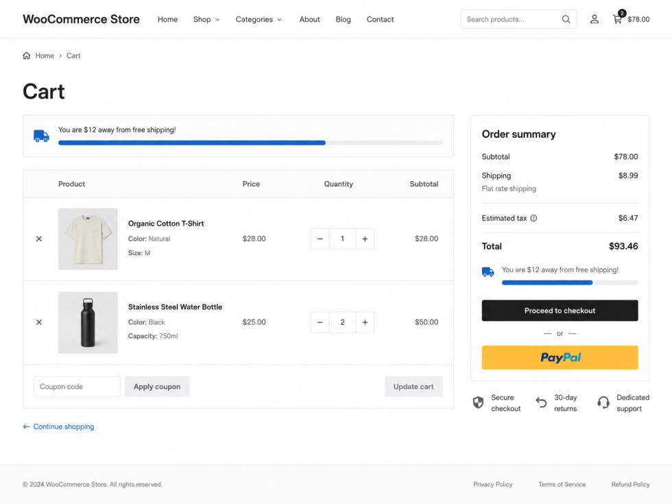 WooCommerce cart showing the New Zealand Post free-shipping progress bar and remaining amount needed for free shipping.