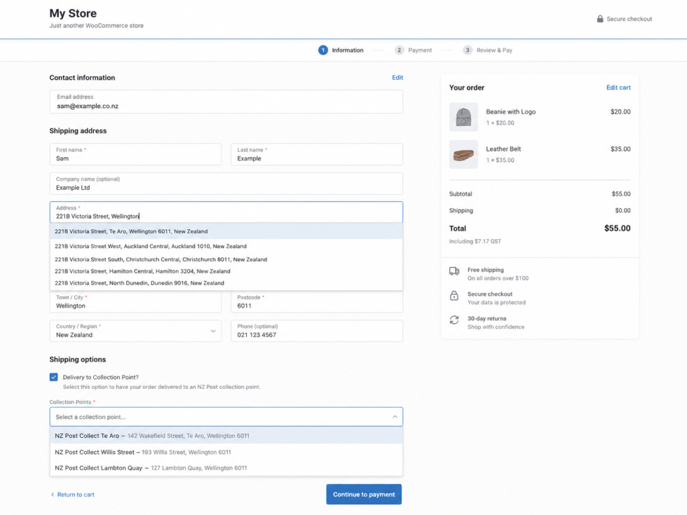 WooCommerce checkout showing NZ Post address autocomplete and nearby collection-point delivery options.