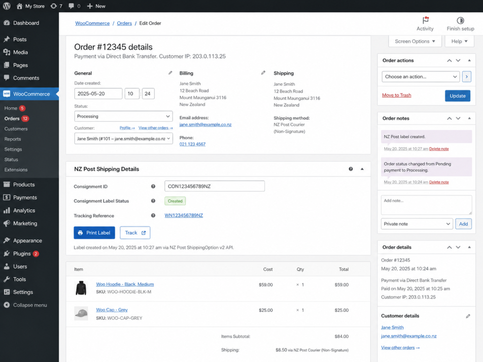 WooCommerce order showing NZ Post consignment details, label status, tracking reference, Print Label, and Track actions.