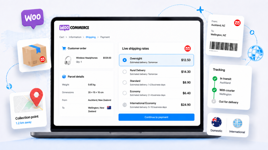 WooCommerce checkout showing live NZ Post shipping rates, parcel details, tracking, labels, and collection points.