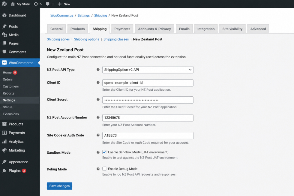 Global New Zealand Post settings with ShippingOptions v2 credentials, Sandbox Mode, and Debug Mode.