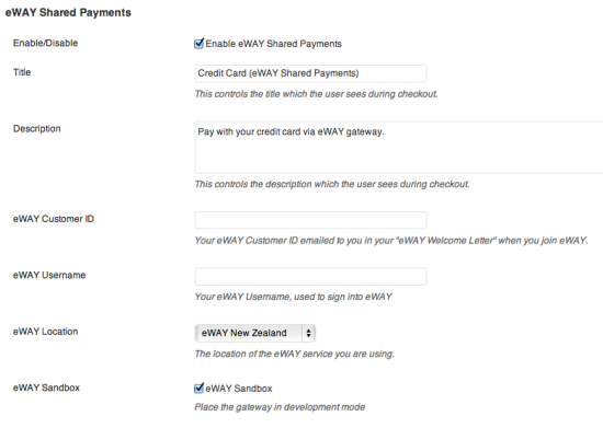 WooCommerce eWAY Shared Payments Settings