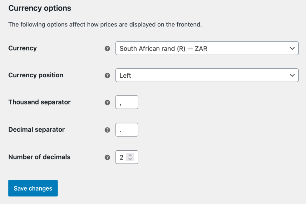 The Currency options screen for setting a store's base currency in WooCommerce.