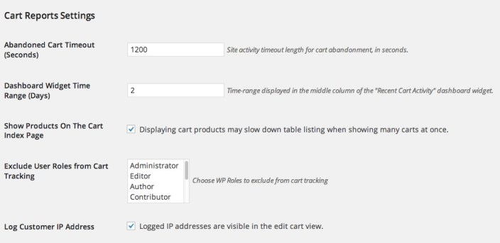 WooCommerce Cart Reports Settings