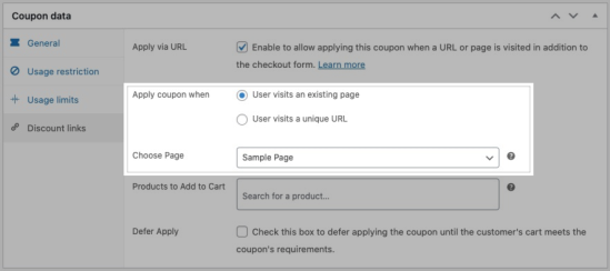 Import URL apply coupon and choose page settings