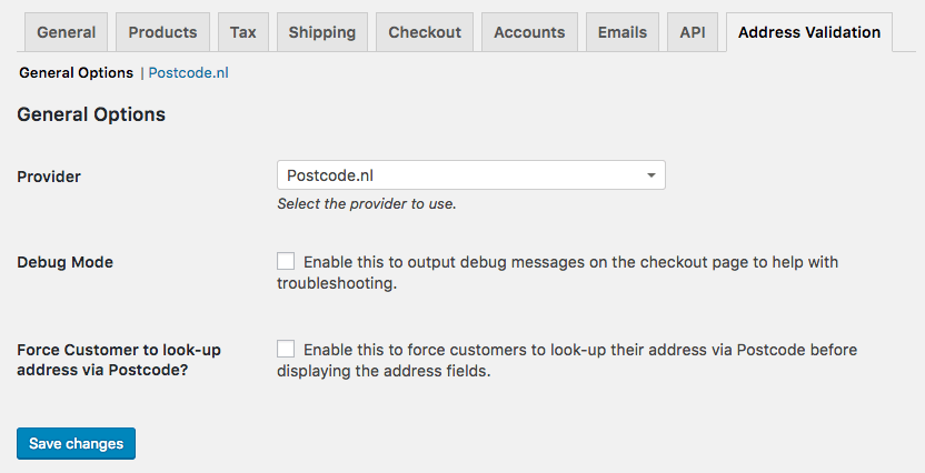 WooCommerce Address Validation: General settings - postcode lookup