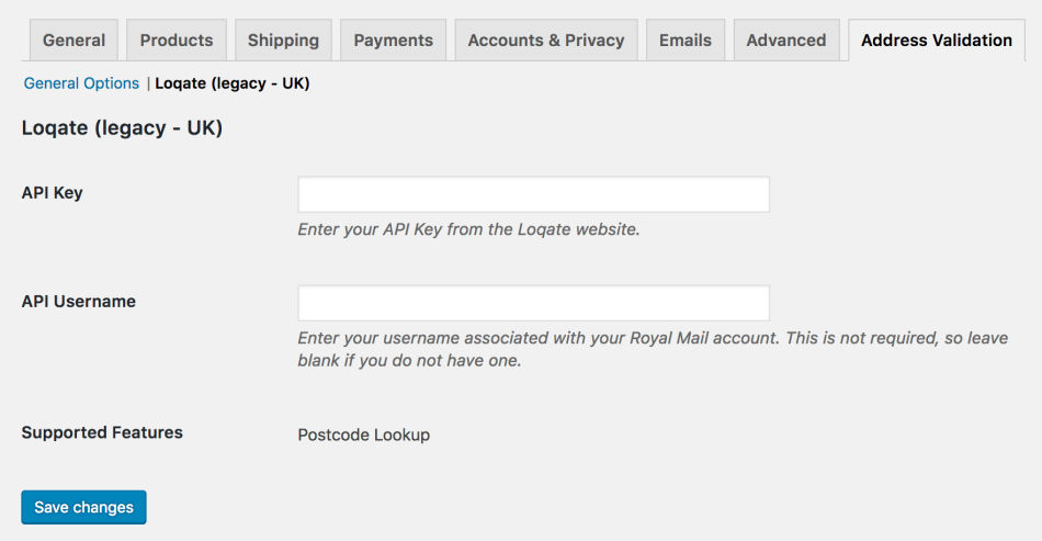 WooCommerce address validation: Loqate legacy settings