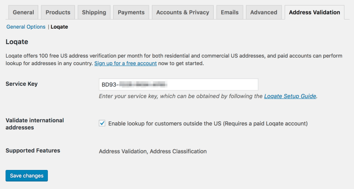 Loqate Settings for Address Validation.