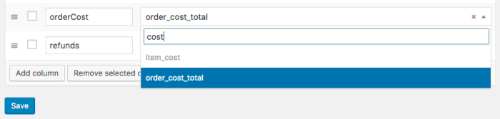 Settings for a custom export where the order_total_cost item has been automatically added to the line_items column data.