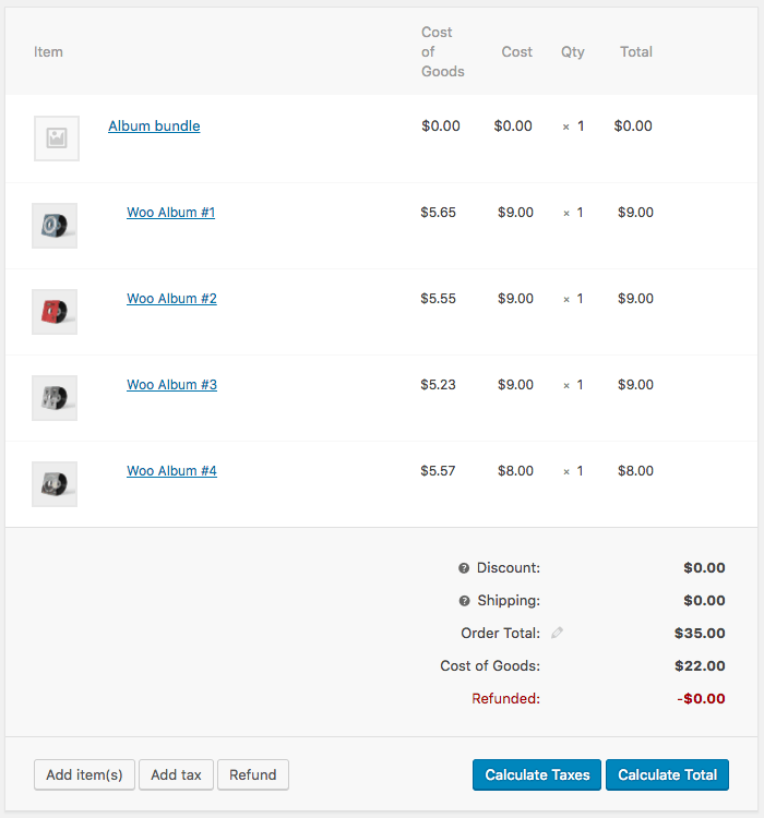 Order details page showing the bundled line items for a per-item priced bundle with the Cost of Goods showing up on each line item as an additional column.