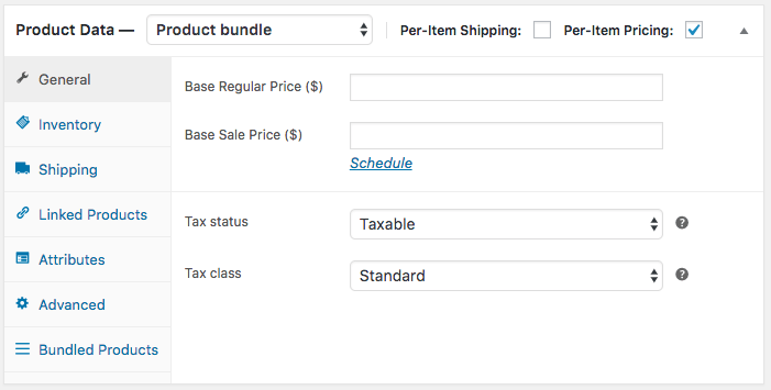 Product bundle product showing the General tab, where there is no Cost of Goods field for the bundle, but it shows the Per-Item Pricing box checked at the top.