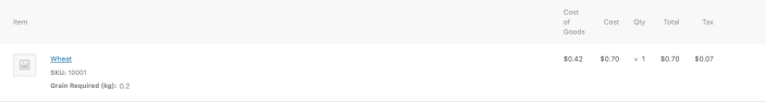 Order line item for a measured product that shows Cost of Goods automatically calculated to the amount ordered.
