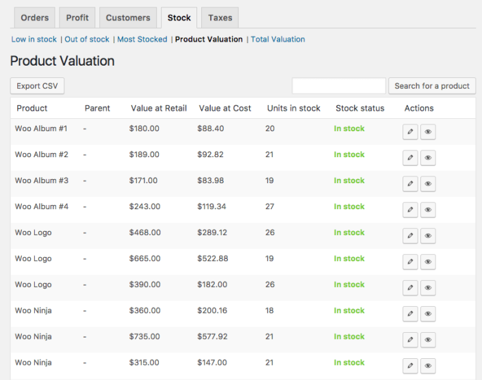 The product valuation report is located under WooCommerce > Reports > Stock > Product Valuation. This is a table that shows each product and its valuation at retail and at cost, based on the amount you placed in the inventory.