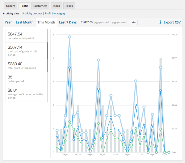 Line graph of the Profit by Date report showing data from "This Month." 