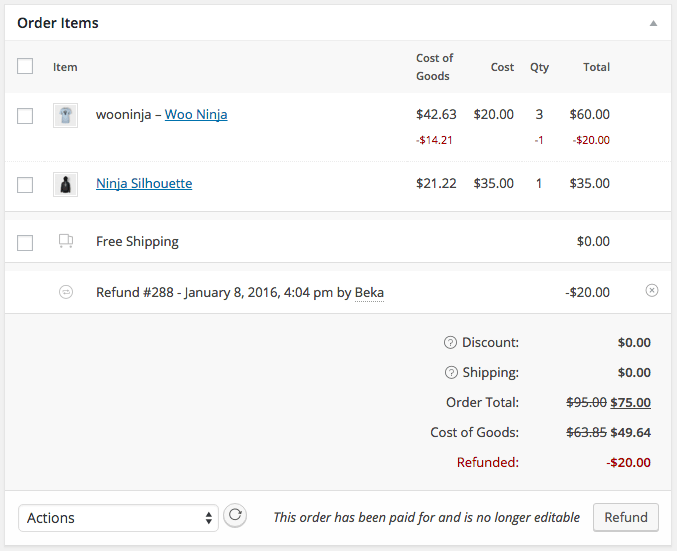 WooCommerce Cost of Goods: Refunded order