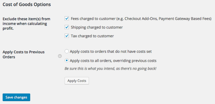 WooCommerce Cost of Goods settings