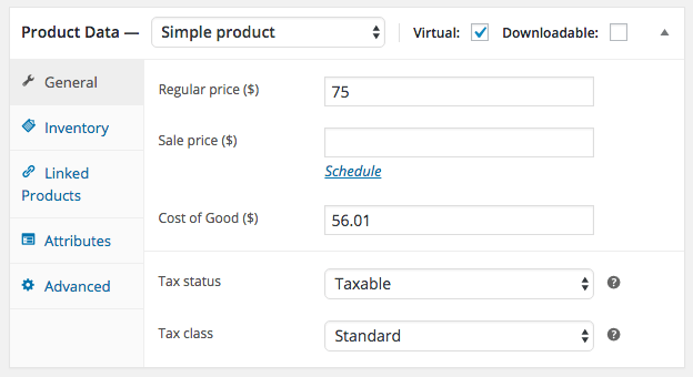 Cost of Goods configuration for a Simple product.
